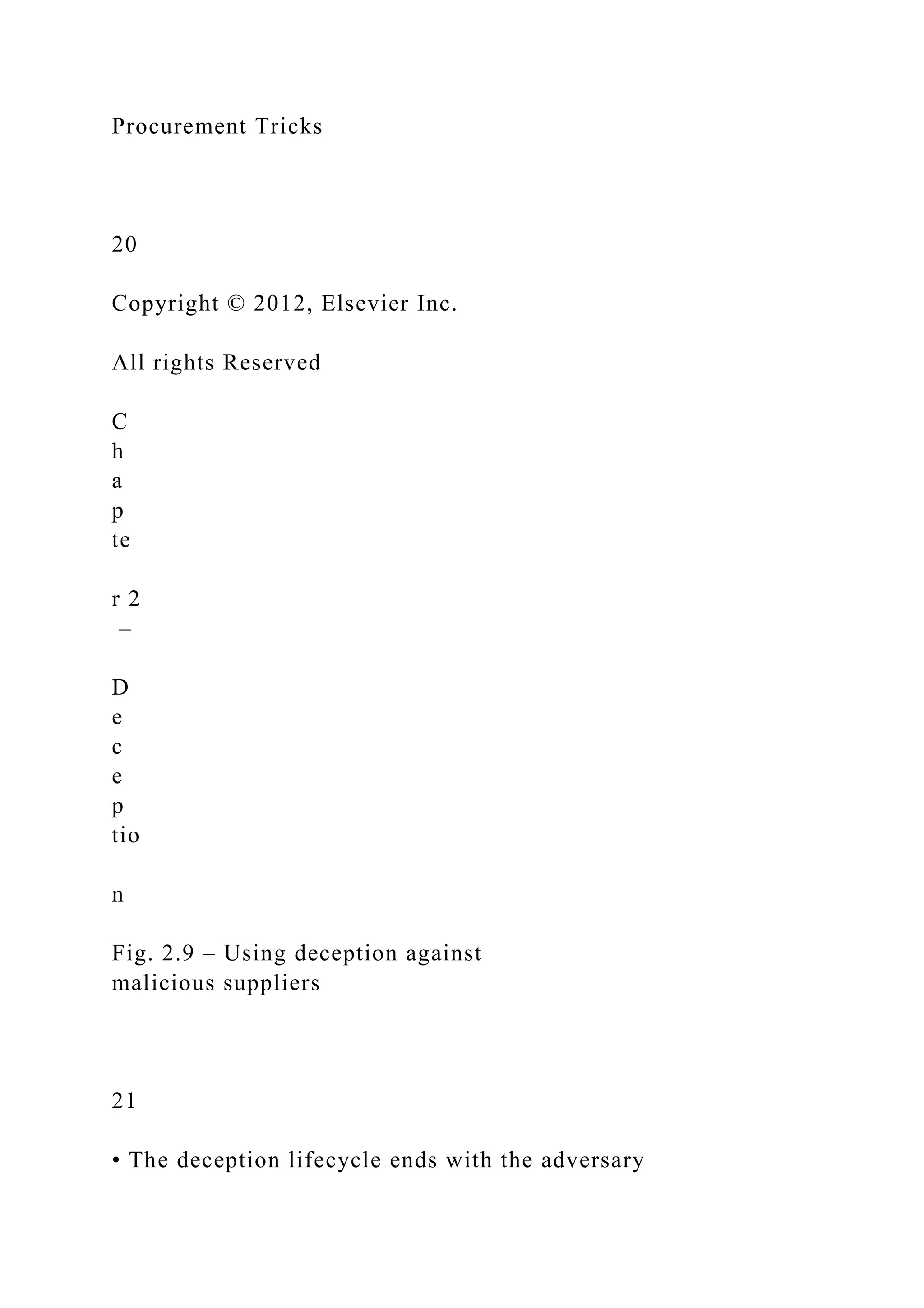 Procurement Tricks
20
Copyright © 2012, Elsevier Inc.
All rights Reserved
C
h
a
p
te
r 2
–
D
e
c
e
p
tio
n
Fig. 2.9 – Using deception against
malicious suppliers
21
• The deception lifecycle ends with the adversary
 