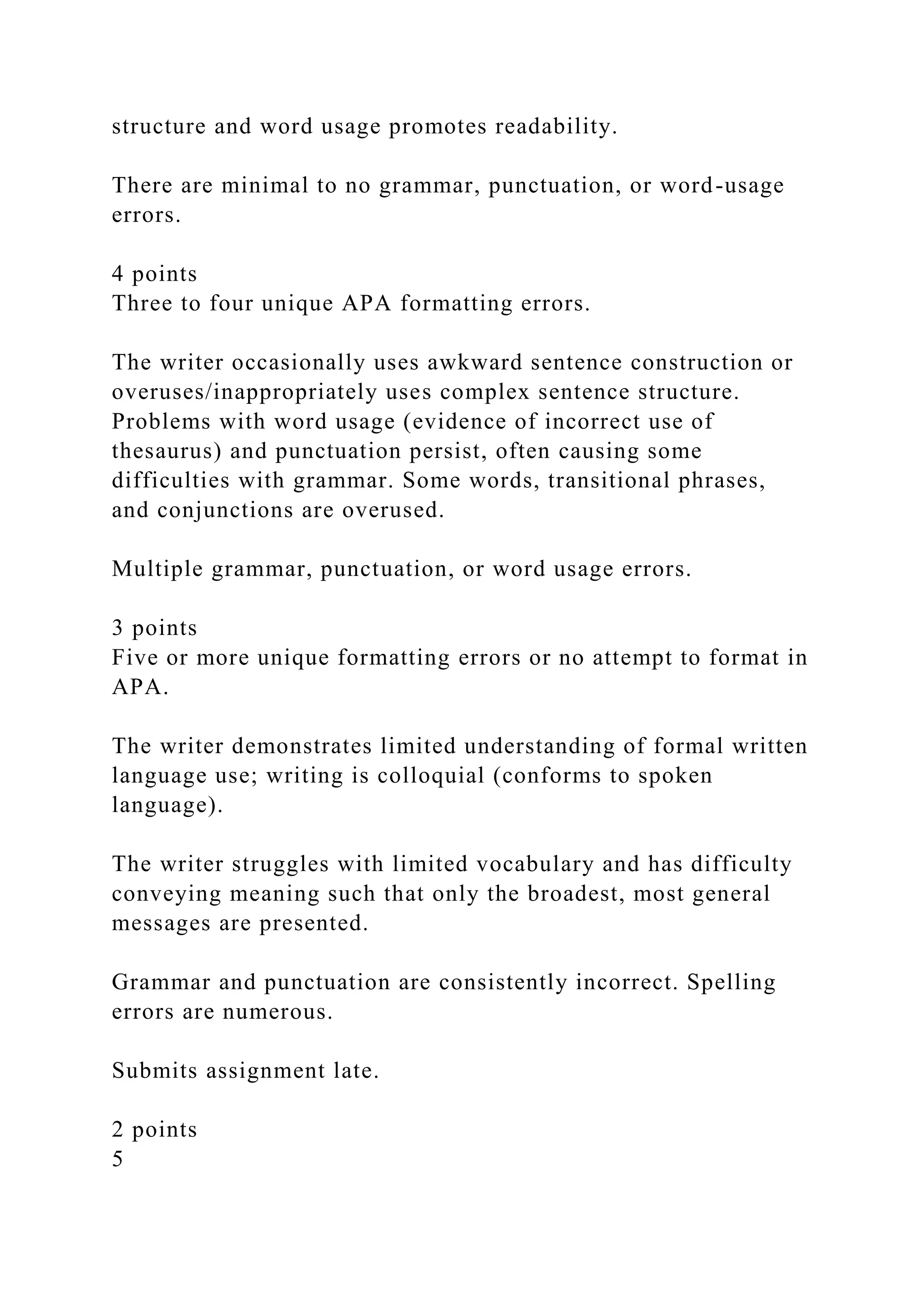 structure and word usage promotes readability.
There are minimal to no grammar, punctuation, or word-usage
errors.
4 points
Three to four unique APA formatting errors.
The writer occasionally uses awkward sentence construction or
overuses/inappropriately uses complex sentence structure.
Problems with word usage (evidence of incorrect use of
thesaurus) and punctuation persist, often causing some
difficulties with grammar. Some words, transitional phrases,
and conjunctions are overused.
Multiple grammar, punctuation, or word usage errors.
3 points
Five or more unique formatting errors or no attempt to format in
APA.
The writer demonstrates limited understanding of formal written
language use; writing is colloquial (conforms to spoken
language).
The writer struggles with limited vocabulary and has difficulty
conveying meaning such that only the broadest, most general
messages are presented.
Grammar and punctuation are consistently incorrect. Spelling
errors are numerous.
Submits assignment late.
2 points
5
 