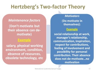 Hertzberg’s Two-factor Theory 
Motivational Leadership Samuel Tengey 17 
 