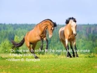 • “Do not wait to strike till the iron is hot; but make
  it hot by striking.”
~William B. Sprague
 