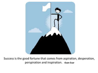 Success is the good fortune that comes from aspiration, desperation,
                perspiration and inspiration. -Evan Esar
 