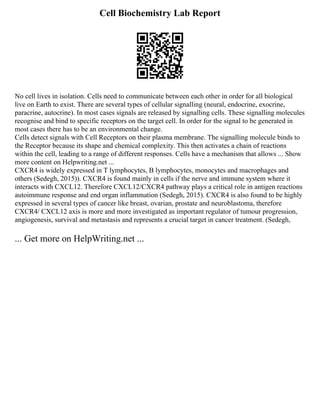 Cell Biochemistry Lab Report
No cell lives in isolation. Cells need to communicate between each other in order for all biological
live on Earth to exist. There are several types of cellular signalling (neural, endocrine, exocrine,
paracrine, autocrine). In most cases signals are released by signalling cells. These signalling molecules
recognise and bind to specific receptors on the target cell. In order for the signal to be generated in
most cases there has to be an environmental change.
Cells detect signals with Cell Receptors on their plasma membrane. The signalling molecule binds to
the Receptor because its shape and chemical complexity. This then activates a chain of reactions
within the cell, leading to a range of different responses. Cells have a mechanism that allows ... Show
more content on Helpwriting.net ...
CXCR4 is widely expressed in T lymphocytes, B lymphocytes, monocytes and macrophages and
others (Sedegh, 2015)). CXCR4 is found mainly in cells if the nerve and immune system where it
interacts with CXCL12. Therefore CXCL12/CXCR4 pathway plays a critical role in antigen reactions
autoimmune response and end organ inflammation (Sedegh, 2015). CXCR4 is also found to be highly
expressed in several types of cancer like breast, ovarian, prostate and neuroblastoma, therefore
CXCR4/ CXCL12 axis is more and more investigated as important regulator of tumour progression,
angiogenesis, survival and metastasis and represents a crucial target in cancer treatment. (Sedegh,
... Get more on HelpWriting.net ...
 