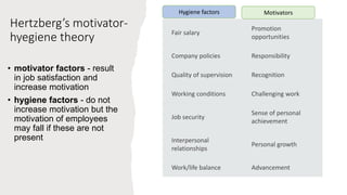 Hertzberg’s motivator-
hyegiene theory
• motivator factors - result
in job satisfaction and
increase motivation
• hygiene factors - do not
increase motivation but the
motivation of employees
may fall if these are not
present
Fair salary
Promotion
opportunities
Company policies Responsibility
Quality of supervision Recognition
Working conditions Challenging work
Job security
Sense of personal
achievement
Interpersonal
relationships
Personal growth
Work/life balance Advancement
Hygiene factors Motivators
 