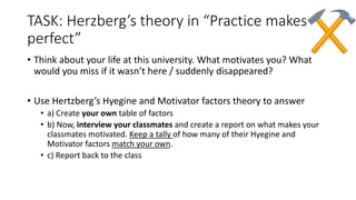 TASK: Herzberg’s theory in “Practice makes
perfect”
• Think about your life at this university. What motivates you? What
would you miss if it wasn’t here / suddenly disappeared?
• Use Hertzberg’s Hyegine and Motivator factors theory to answer
• a) Create your own table of factors
• b) Now, interview your classmates and create a report on what makes your
classmates motivated. Keep a tally of how many of their Hyegine and
Motivator factors match your own.
• c) Report back to the class
 