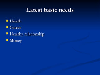 Latest basic needs Health Career Healthy relationship Money 