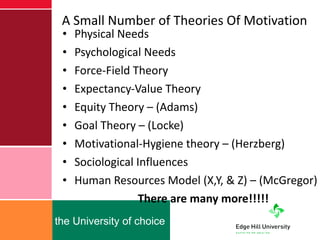 A Small Number of Theories Of Motivation Physical Needs Psychological Needs Force-Field Theory Expectancy-Value Theory Equity Theory – (Adams) Goal Theory – (Locke) Motivational-Hygiene theory – (Herzberg) Sociological Influences Human Resources Model (X,Y, & Z) – (McGregor) There are many more!!!!! 