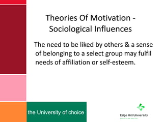 Theories Of Motivation - Sociological Influences The need to be liked by others & a sense of belonging to a select group may fulfil needs of affiliation or self-esteem. 