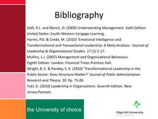 Bibliography Daft, R.L. and Marcic, D. (2009) Understanding Management. Sixth Edition.  United States: South-Western Cengage Learning. Harms, P.D. & Crede, M. (2010) ‘Emotional Intelligence and  Transformational and Transactional Leadership: A Meta-Analysis. ‘ Journal of Leadership & Organisational Studies. 17 (1) 5-17. Mullins, L.J. (2007) Management and Organisational Behaviour. Eighth Edition. London: Financial Times Prentice Hall. Wright, B. E. & Pandey, S. K. (2010) ‘Transformational Leadership in the  Public Sector: Does Structure Matter?’  Journal of Public Administration  Research and Theory.  20: Pp. 75-89. Yukl, G. (2010) Leadership in Organizations. Seventh Edition. New  Jersey:Pearson. 