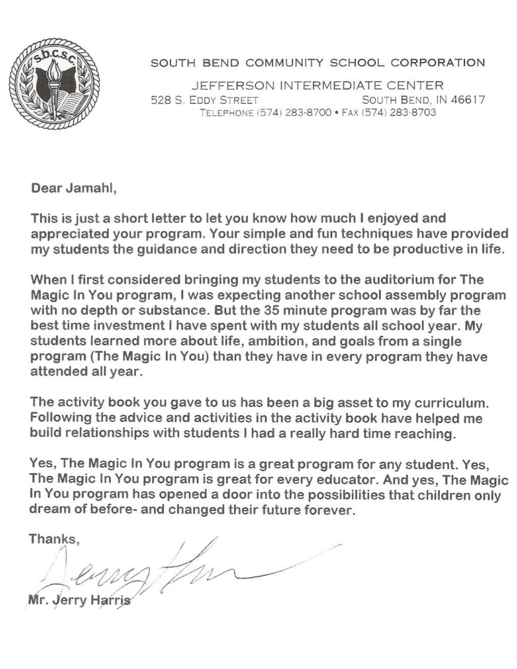 Motivational Youth Keynote Speaker (Reading Program Letters Of