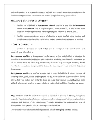 and goals, conflict is an expected outcome. Conflict is also created when there are differences in
economic and professional values and when there is competition among professionals.
MEANING & DEFINITION OF CONFLICT
• Conflict can be defined as an expressed struggle between at least two interdependent
parties, who perceive that incompatible goals, scarce resources, or interference from
others are preventing them from achieving their goals (Wilmot & Hocker, 2001).
• Conflict management is the process of planning to avoid conflict where possible and
organizing to resolve conflict where it does happen, as rapidly and smoothly as possible.
TYPES OF CONFLICTS
Conflict has been described and studied from the standpoint of its context, or where it
occurs. 3 types of conflicts are
Intrapersonal conflict: an intrapersonal conflict occurs within an individual in situations in
which he or she must choose between two alternatives. Choosing one alternative means that he
or she cannot have the other; they are mutually exclusive. E.g. we might internally debate
whether to complete an assignment that is due the next day or watch a favorite television
Programme.
Interpersonal conflict: is conflict between two or more individuals. It occurs because of
differing values, goals, action, or perceptions. For e.g. when you want to go to a science fiction
movie, but your partner may prefer to attend an opera. Interpersonal conflict becomes more
difficult when we are involved in issues relating to racial, ethnic and life style values and norms.
Organizational conflicts: conflict also occurs in organization because of differing perceptions
or goals. Organizational conflicts may be intrapersonal or interpersonal, but they originate in the
structure and function of the organization. Typically, aspects of the organizations style of
management, rules, policies, and procedures give rise to conflict.
Two areas responsible for conflict in organizations are role ambiguity and role conflict.
15
 