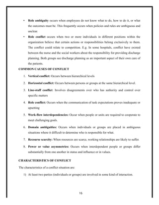 • Role ambiguity occurs when employees do not know what to do, how to do it, or what
the outcomes must be. This frequently occurs when policies and rules are ambiguous and
unclear.
• Role conflict occurs when two or more individuals in different positions within the
organization believe that certain actions or responsibilities belong exclusively to them.
The conflict could relate to competition. E.g. In some hospitals, conflict have existed
between the nurse and the social workers about the responsibility for providing discharge
planning. Both groups see discharge planning as an important aspect of their own care of
the patients.
COMMON CAUSES OF CONFLICT
1. Vertical conflict: Occurs between hierarchical levels
2. Horizontal conflict: Occurs between persons or groups at the same hierarchical level.
3. Line-staff conflict: Involves disagreements over who has authority and control over
specific matters
4. Role conflict: Occurs when the communication of task expectations proves inadequate or
upsetting
5. Work-flow interdependencies: Occur when people or units are required to cooperate to
meet challenging goals.
6. Domain ambiguities: Occurs when individuals or groups are placed in ambiguous
situations where it difficult to determine who is responsible for what.
7. Recourse scarcity: When resources are scarce, working relationships are likely to suffer.
8. Power or value asymmetries: Occurs when interdependent people or groups differ
substantially from one another in status and influence or in values.
CHARACTERISTICS OF CONFLICT
The characteristics of a conflict situation are:
1) At least two parties (individuals or groups) are involved in some kind of interaction.
16
 