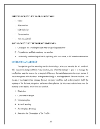 EFFECTS OF CONFLICT IN ORGANIZATIONS
• Stress
• Absenteeism
• Staff turnover
• De-motivation
• Non-productivity
SIGNS OF CONFLICT BETWEEN INDIVIDUALS
1. Colleagues not speaking to each other or ignoring each other
2. Contradicting and bad-mouthing one another
3. Deliberately undermining or not co-operating with each other, to the downfall of the team
CONFLICT MANAGEMENT
The optimal goal in resolving conflict is creating a win- win solution for all involved.
This outcome is not possible in every situation, and often the manager ‘s goal is to manage the
conflict in a way that lessens the perceptual differences that exist between the involved parties. A
leader recognizes which conflict management strategy is most appropriate for each situation. The
choice of most appropriate strategy depends on many variables, such as the situation itself, the
urgency of the decision, the power and status of the players, the importance of the issue, and the
maturity of the people involved in the conflict.
1. Discipline
2. Consider Life Stages
3. Communication
4. Active Listening
5. Assertiveness Training
6. Assessing the Dimensions of the Conflict
20
 