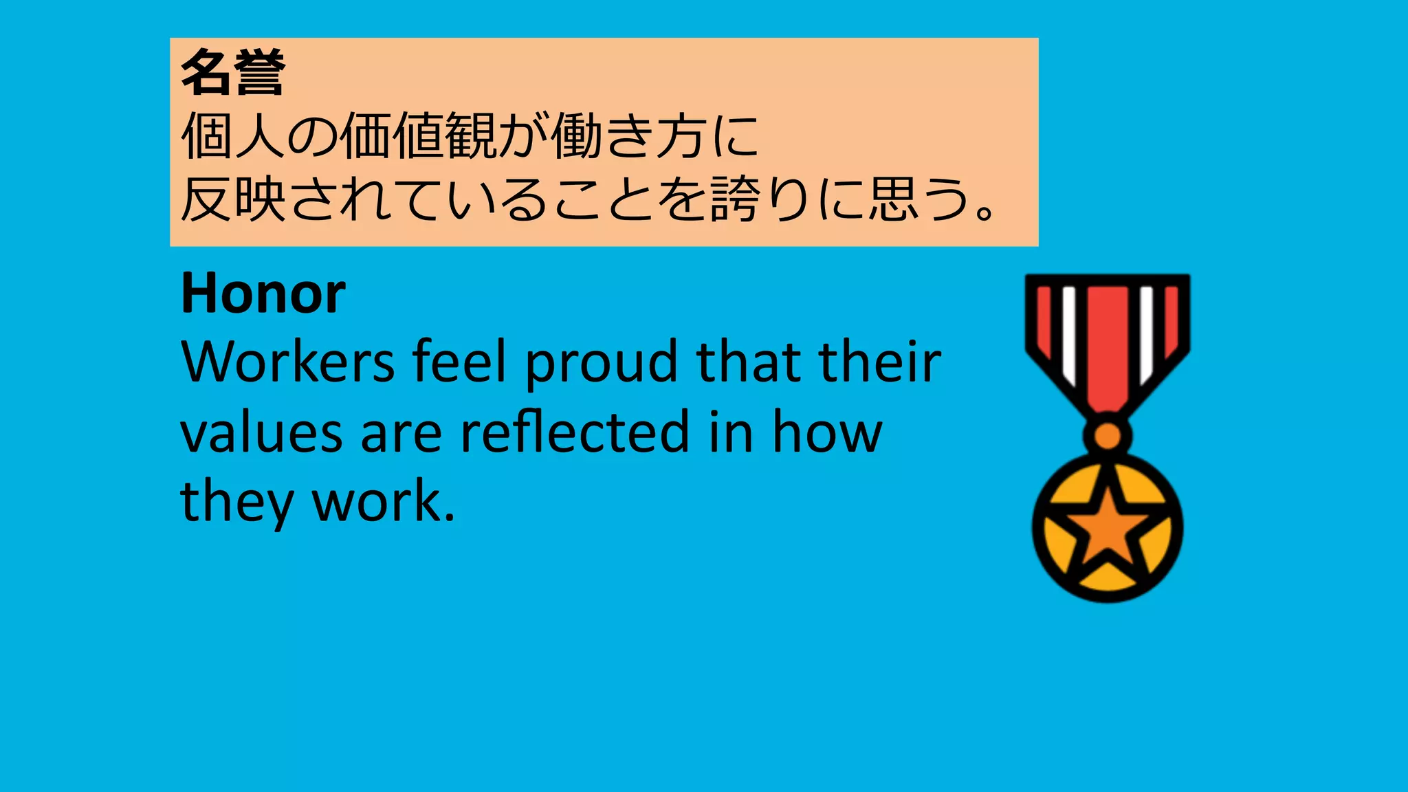 Honor
Workers feel proud that their
values are reﬂected in how
they work.
名誉
個⼈の価値観が働き⽅に
反映されていることを誇りに思う。
 