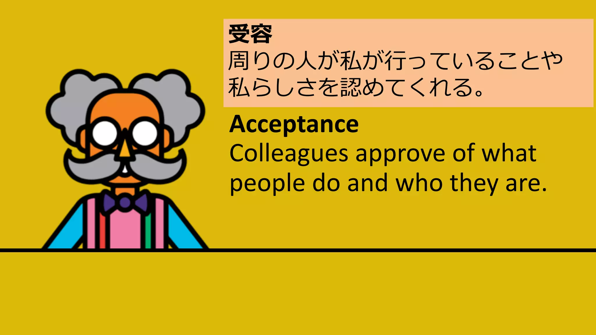 Acceptance
Colleagues approve of what
people do and who they are.
受容
周りの⼈が私が⾏っていることや
私らしさを認めてくれる。
 