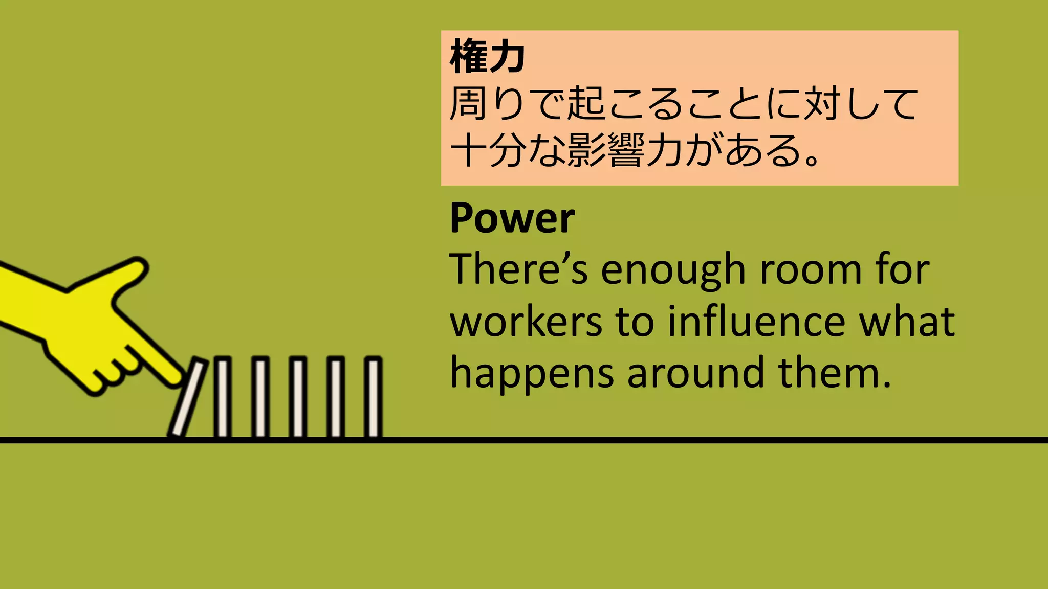Power
There’s enough room for
workers to influence what
happens around them.
権⼒
周りで起こることに対して
⼗分な影響⼒がある。
 