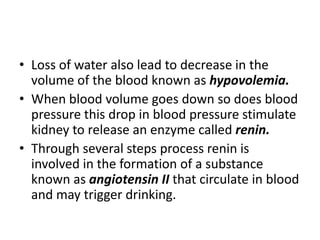 • Loss of water also lead to decrease in the
  volume of the blood known as hypovolemia.
• When blood volume goes down so does blood
  pressure this drop in blood pressure stimulate
  kidney to release an enzyme called renin.
• Through several steps process renin is
  involved in the formation of a substance
  known as angiotensin II that circulate in blood
  and may trigger drinking.
 