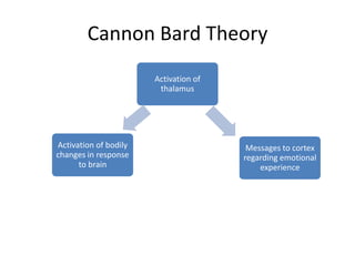 Cannon Bard Theory
                       Activation of
                        thalamus




Activation of bodily                    Messages to cortex
changes in response                    regarding emotional
      to brain                             experience
 
