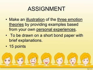 ASSIGNMENT
• Make an illustration of the three emotion
theories by providing examples based
from your own personal experiences.
• To be drawn on a short bond paper with
brief explanations.
• 15 points
 