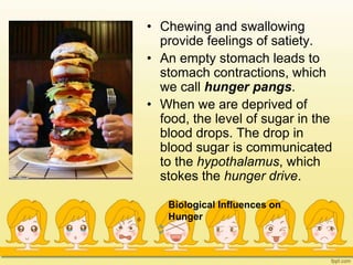 Biological Influences on
Hunger
• Chewing and swallowing
provide feelings of satiety.
• An empty stomach leads to
stomach contractions, which
we call hunger pangs.
• When we are deprived of
food, the level of sugar in the
blood drops. The drop in
blood sugar is communicated
to the hypothalamus, which
stokes the hunger drive.
 