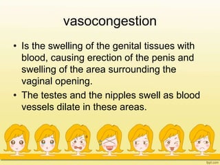 vasocongestion
• Is the swelling of the genital tissues with
blood, causing erection of the penis and
swelling of the area surrounding the
vaginal opening.
• The testes and the nipples swell as blood
vessels dilate in these areas.
 