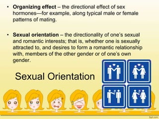 Sexual Orientation
• Organizing effect – the directional effect of sex
hormones—for example, along typical male or female
patterns of mating.
• Sexual orientation – the directionality of one’s sexual
and romantic interests; that is, whether one is sexually
attracted to, and desires to form a romantic relationship
with, members of the other gender or of one’s own
gender.
 