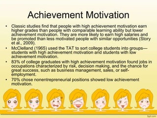 Achievement Motivation
• Classic studies find that people with high achievement motivation earn
higher grades than people with comparable learning ability but lower
achievement motivation. They are more likely to earn high salaries and
be promoted than less motivated people with similar opportunities (Story
et al., 2009).
• McClelland (1965) used the TAT to sort college students into groups—
students with high achievement motivation and students with low
achievement motivation.
• 83% of college graduates with high achievement motivation found jobs in
occupations characterized by risk, decision making, and the chance for
great success, such as business management, sales, or self-
employment.
• 70% chose nonentrepreneurial positions showed low achievement
motivation.
 