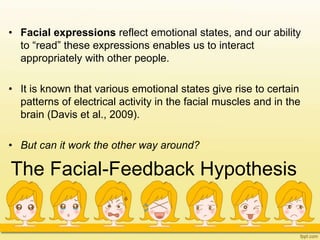 The Facial-Feedback Hypothesis
• Facial expressions reflect emotional states, and our ability
to “read” these expressions enables us to interact
appropriately with other people.
• It is known that various emotional states give rise to certain
patterns of electrical activity in the facial muscles and in the
brain (Davis et al., 2009).
• But can it work the other way around?
 