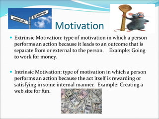 Motivation
 Extrinsic Motivation: type of motivation in which a person
performs an action because it leads to an outcome that is
separate from or external to the person. Example: Going
to work for money.
 Intrinsic Motivation: type of motivation in which a person
performs an action because the act itself is rewarding or
satisfying in some internal manner. Example: Creating a
web site for fun.
 