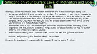 Reflecting on Your Current Level of Motivation and Goal-
Skills
Before you answer the items that follow, reflect on your current level of motivation and goal-setting skills
• As you complete Activity 1, you should write from your heart. This exercise is not meant for you to answer just
like your classmate or to match what you may .As you complete Activity 1, you should write from your heart.
This exercise is not meant for you to answer just like your classmate or to match what you may .As you
complete Activity 1, you should write from your heart. This exercise is not meant for you to answer just like
your classmate or to match what you may think .
• the instructor wants to see. Take the time to give a respectful, responsible general accounting of your
experiences with motivation and goal setting. Doing a truthful self-assessment now will help you build on
skills you have while developing those you lack
• For each of the following items, circle the number that best describes your typical experience with
motivation and goal-setting skills. Here is the key for the numbers:
0 = never, 1 = almost never, 2 = occasionally, 3 = frequently, 4 = almost always, 5 = always
 