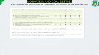 MOTIVATION AND GOAL SETTING
When considering your past successes and challenges with both motivation and goal setting, how often:
 