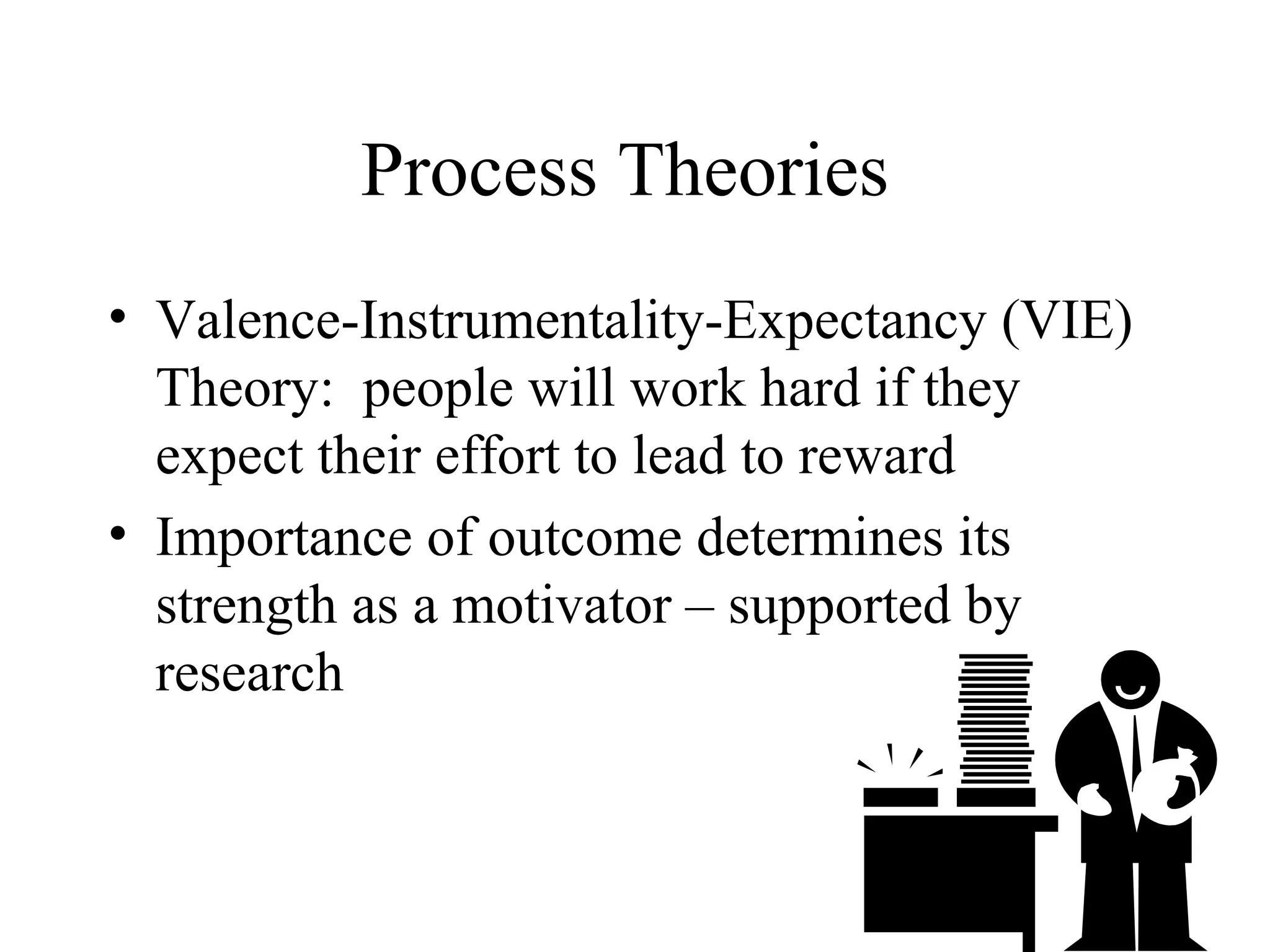 Process Theories
• Valence-Instrumentality-Expectancy (VIE)
Theory: people will work hard if they
expect their effort to lead to reward
• Importance of outcome determines its
strength as a motivator – supported by
research
 