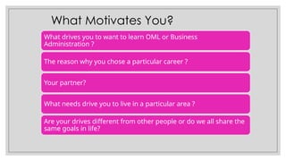 What Motivates You?
What drives you to want to learn OML or Business
Administration ?
The reason why you chose a particular career ?
Your partner?
What needs drive you to live in a particular area ?
Are your drives different from other people or do we all share the
same goals in life?
 