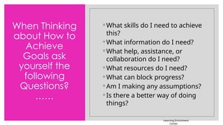 When Thinking
about How to
Achieve
Goals ask
yourself the
following
Questions?
……
◦ What skills do I need to achieve
this?
◦ What information do I need?
◦ What help, assistance, or
collaboration do I need?
◦ What resources do I need?
◦ What can block progress?
◦ Am I making any assumptions?
◦ Is there a better way of doing
things?
Learning Enrichment
Center
 
