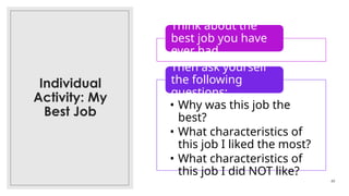 Individual
Activity: My
Best Job
49
Think about the
best job you have
ever had
• Why was this job the
best?
• What characteristics of
this job I liked the most?
• What characteristics of
this job I did NOT like?
Then ask yourself
the following
questions:
 