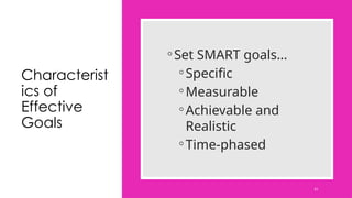 Characterist
ics of
Effective
Goals
◦Set SMART goals…
◦Specific
◦Measurable
◦Achievable and
Realistic
◦Time-phased
61
 