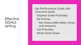 Effective
GOALS
setting
◦Set Performance Goals, Not
Outcome Goals
◦Express Goals Positively.
◦Be Precise
◦Set measurable dates, times,
and amounts.
◦Set Priorities.
◦Write Goals Down.
62
 
