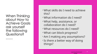 When Thinking
about How to
Achieve Goals
ask yourself
the following
Questions?
……
◦ What skills do I need to achieve
this?
◦ What information do I need?
◦ What help, assistance, or
collaboration do I need?
◦ What resources do I need?
◦ What can block progress?
◦ Am I making any assumptions?
◦ Is there a better way of doing
things?
63
Learning Enrichment
Center
 