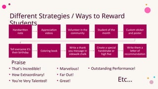 Different Strategies / Ways to Reward
Students
Handwritten
note
Appreciation
videos
Volunteer in the
community
Student of the
month
Custom sticker
and poster
Tell everyone it’s
their birthday
Coloring book
Write a thank
you message in
sidewalk chalk
Create a special
handshake or
high five
Write them a
letter of
recommendation
Praise
• That's Incredible!
• How Extraordinary!
• You're Very Talented!
• Marvelous!
• Far Out!
• Great!
• Outstanding Performance!
Etc...
 