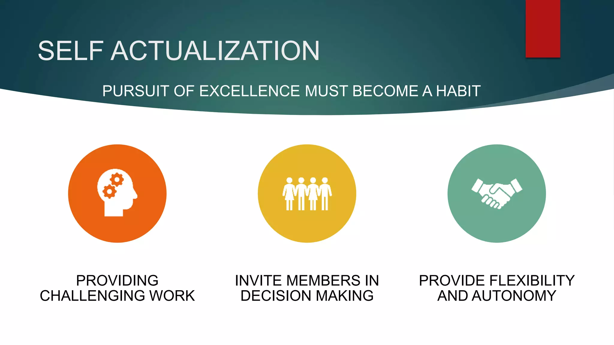 SELF ACTUALIZATION
PROVIDING
CHALLENGING WORK
INVITE MEMBERS IN
DECISION MAKING
PROVIDE FLEXIBILITY
AND AUTONOMY
PURSUIT OF EXCELLENCE MUST BECOME A HABIT
 
