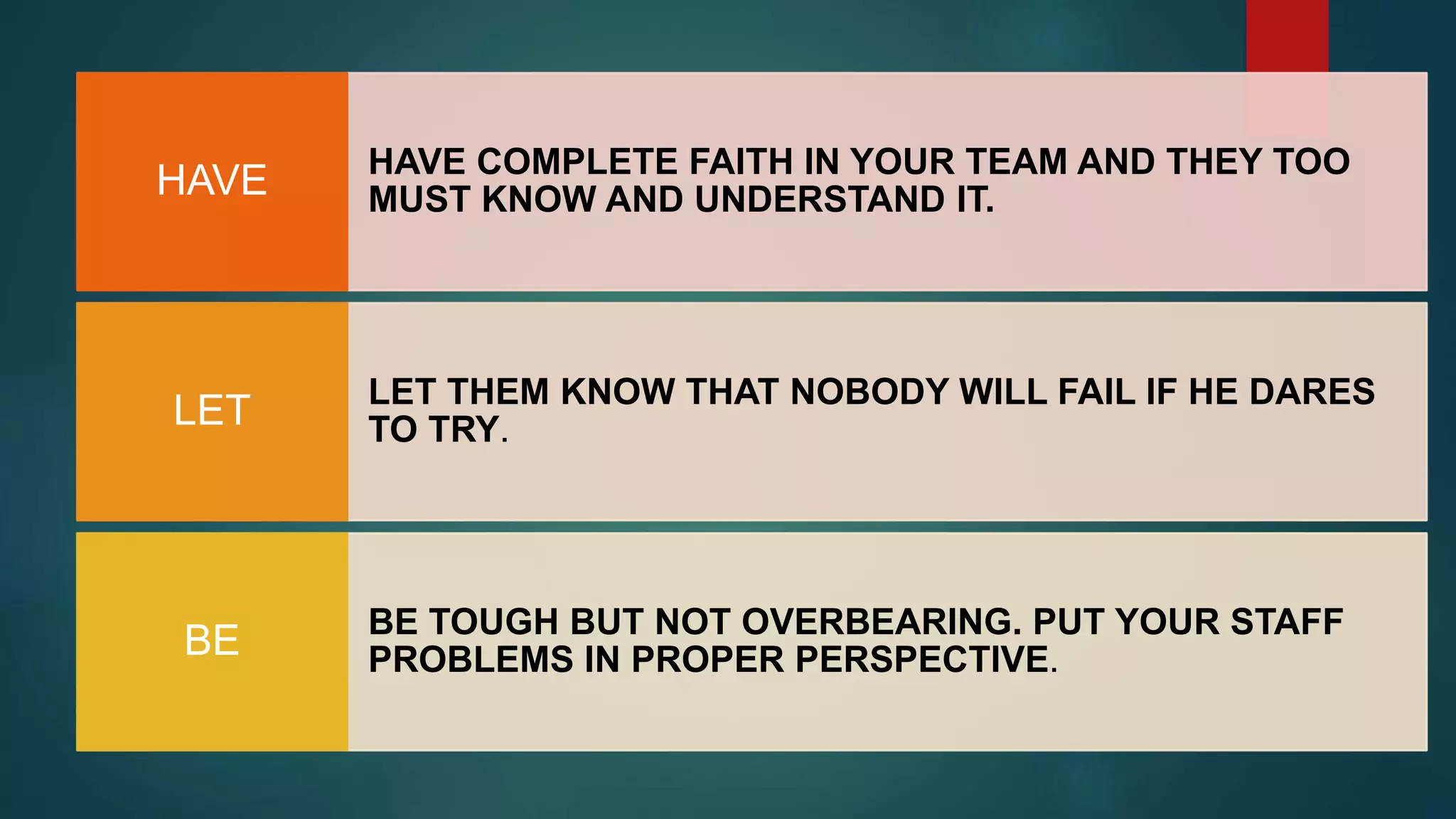 HAVE COMPLETE FAITH IN YOUR TEAM AND THEY TOO
MUST KNOW AND UNDERSTAND IT.HAVE
LET THEM KNOW THAT NOBODY WILL FAIL IF HE DARES
TO TRY.LET
BE TOUGH BUT NOT OVERBEARING. PUT YOUR STAFF
PROBLEMS IN PROPER PERSPECTIVE.BE
 