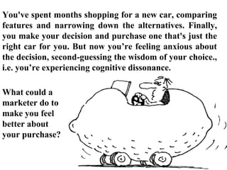 You've spent months shopping for a new car, comparing
features and narrowing down the alternatives. Finally,
you make your decision and purchase one that's just the
right car for you. But now you’re feeling anxious about
the decision, second-guessing the wisdom of your choice.,
i.e. you’re experiencing cognitive dissonance.
What could a
marketer do to
make you feel
better about
your purchase?
 