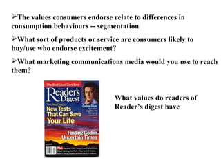 The values consumers endorse relate to differences in
consumption behaviours ­­ segmentation
What sort of products or service are consumers likely to
buy/use who endorse excitement?
What marketing communications media would you use to reach
them?
What values do readers of
Reader’s digest have
 