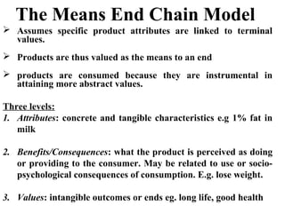 The Means End Chain Model
 Assumes specific product attributes are linked to terminal
values.
 Products are thus valued as the means to an end
 products are consumed because they are instrumental in
attaining more abstract values.
Three levels:
1. Attributes: concrete and tangible characteristics e.g 1% fat in
milk
2. Benefits/Consequences: what the product is perceived as doing
or providing to the consumer. May be related to use or socio­
psychological consequences of consumption. E.g. lose weight.
3. Values: intangible outcomes or ends eg. long life, good health
 