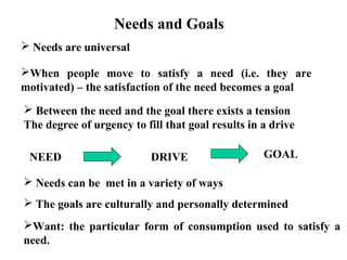 When people move to satisfy a need (i.e. they are
motivated) – the satisfaction of the need becomes a goal
 Between the need and the goal there exists a tension
The degree of urgency to fill that goal results in a drive
NEED DRIVE GOAL
Want: the particular form of consumption used to satisfy a
need.
 Needs are universal
 Needs can be met in a variety of ways
 The goals are culturally and personally determined
Needs and Goals
 