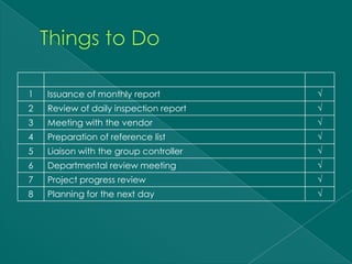 1   Issuance of monthly report          √
2   Review of daily inspection report   √
3   Meeting with the vendor             √
4   Preparation of reference list       √
5   Liaison with the group controller   √
6   Departmental review meeting         √
7   Project progress review             √
8   Planning for the next day           √
 