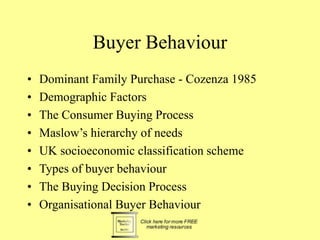 Buyer Behaviour
• Dominant Family Purchase - Cozenza 1985
• Demographic Factors
• The Consumer Buying Process
• Maslow’s hierarchy of needs
• UK socioeconomic classification scheme
• Types of buyer behaviour
• The Buying Decision Process
• Organisational Buyer Behaviour
 