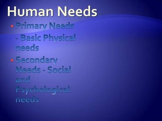 Human NeedsPrimary Needs 	- Basic Physical needsSecondary Needs - Social and Psychological needs