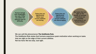 But tasks that are
right on the
border of success
and failure are
incredibly
motivating to our
human brains.
Tasks that are
significantly
beyond your
current abilities
are discouraging.
Tasks that are
significantly
below your
current abilities
are boring.
Human beings
love challenges,
but only if they
are within the
optimal zone of
difficulty.
We can call this phenomenon The Goldilocks Rule.
The Goldilocks Rule states that humans experience peak motivation when working on tasks
that are right on the edge of their current abilities.
Not too hard. Not too easy. Just right.
 
