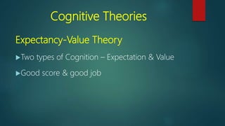Cognitive Theories
Expectancy-Value Theory
Two types of Cognition – Expectation & Value
Good score & good job
 