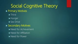 Social Cognitive Theory
 Primary Motives
Thirst
Hunger
Sex Drive
 Secondary Motives
Need for Achievement
Need for Affiliation
Need for Power
 